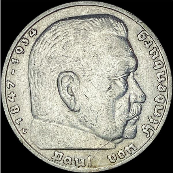 1936-D Germany Silver 5 Reichsmark CLOSELY UNCIRCULATED