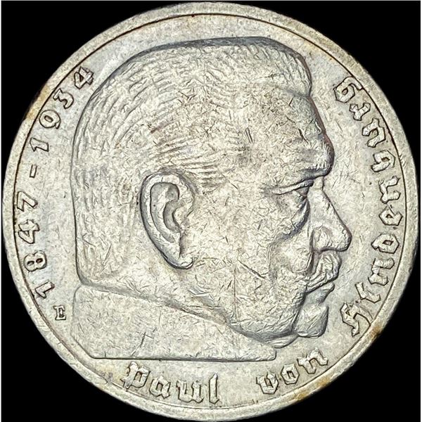 1936-E Germany Silver 5 Reichsmark CLOSELY UNCIRCULATED