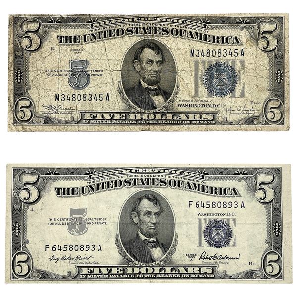 [2 Bills]1934C/1953A $5 U.S. Silver Certificate