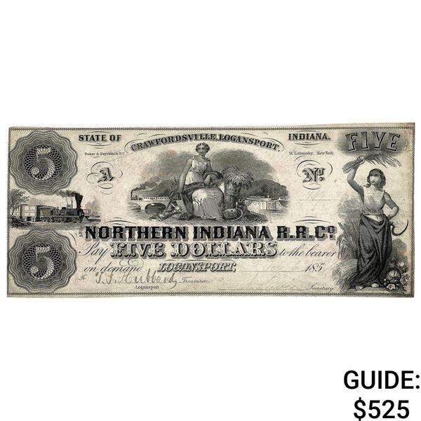 1854 $5 Northern Indiana R.R.C. Note