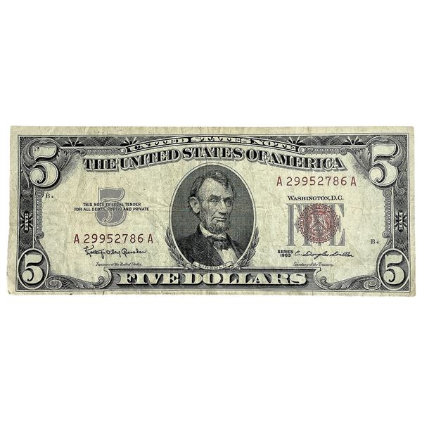1963 $5 U.S. Federal Reserve Note Red Seal
