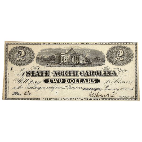 1866 $2 State of North Carolina Note-Raleigh