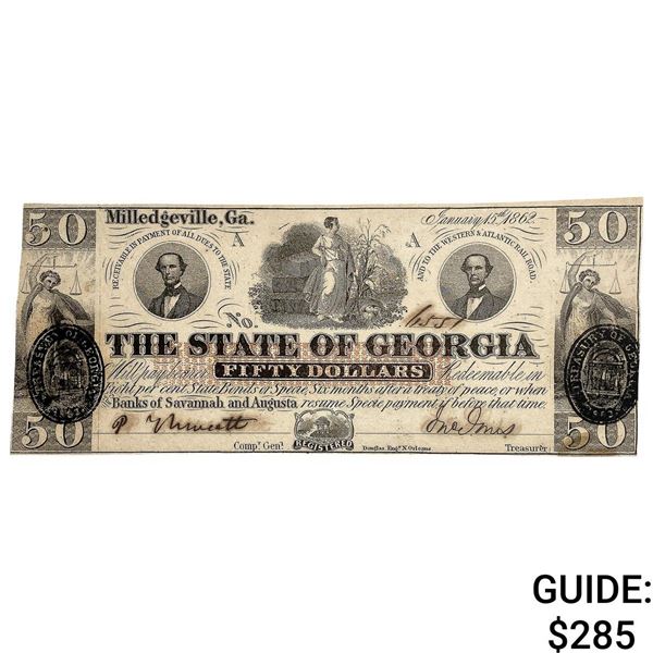 1892 $50 State of Georgia Note-Milledgeville