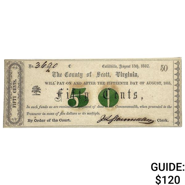 1865 50C County of Scott, Virginia Obsolete Note