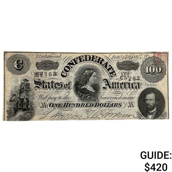 1864 $100 Confed. States of America Note-Richmond