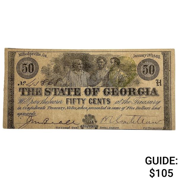 1863 50C State of GA Fractional Note-Milledgeville