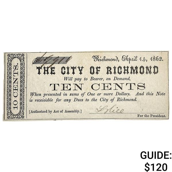 1862 10C City of Richmond Fractional Note