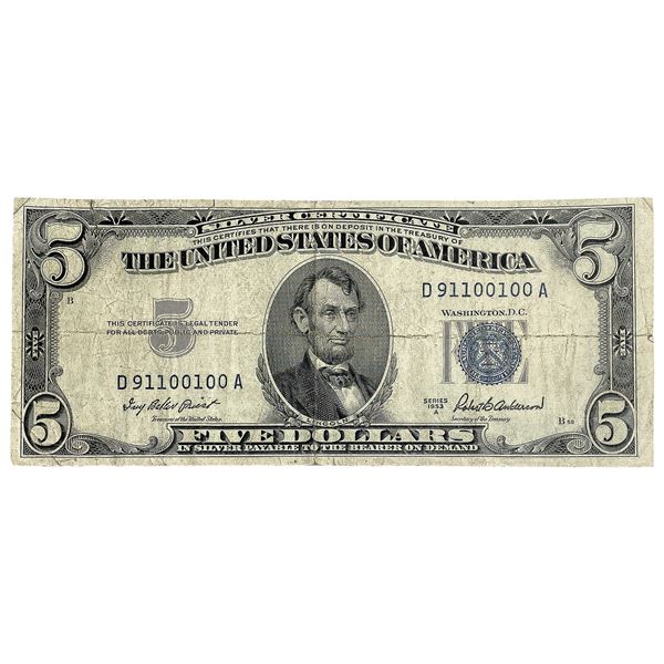 1953A $5 United States Silver Certif. Blue Seal