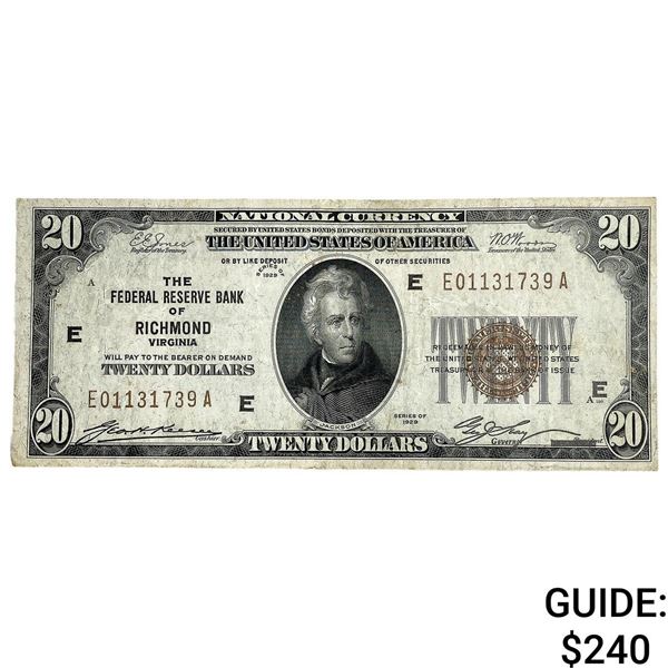 1929 $20 United States Fed. Note Bank of Richmond VA