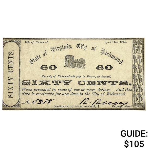 1862 60C Richmond Virginia Fractional Note