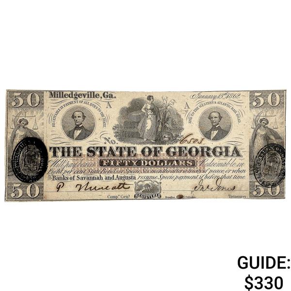 1862 $50 State of Georgia Note-Milledgeville