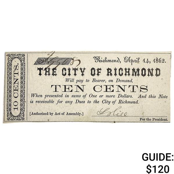 1862 10C City of Richmond Fractional Note