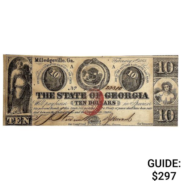 1863 $10 State of Georgia Note-Milledgeville