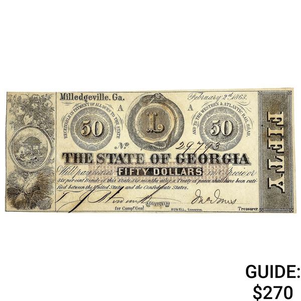 1863 $50 State of Georgia Note-Milledgeville
