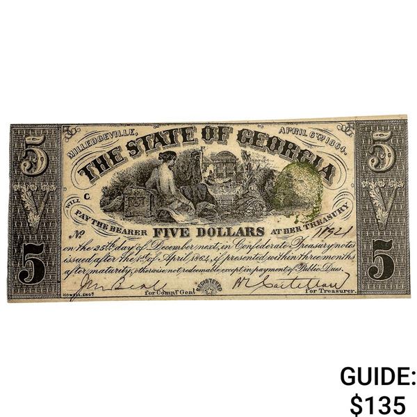 1864 $5 State of Georgia Note-Milledgeville