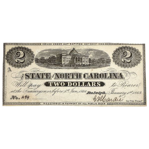 1863 $2 State of North Carolina Note-Raleigh