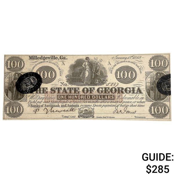 1862 $100 State of Georgia Note-Milledgeville