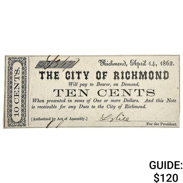 1862 10C City of Richmond Fractional Note