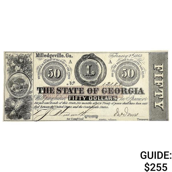 1863 $50 State of Georgia Note-Milledgeville