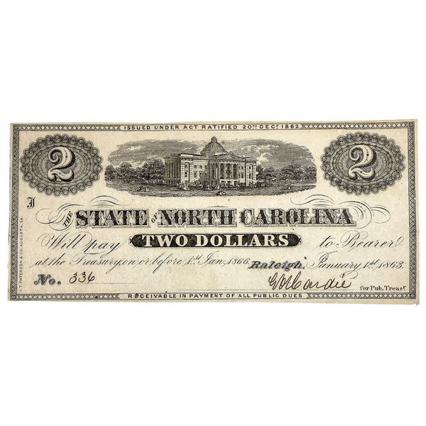 1863 $2 North Carolina Note-Raleigh