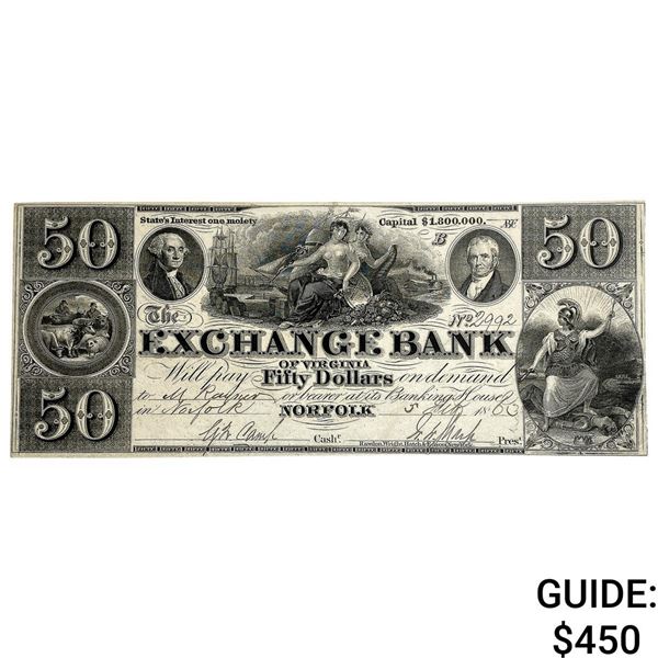 1863 $50 Exchange Bank Of Norfollk Virginia Note