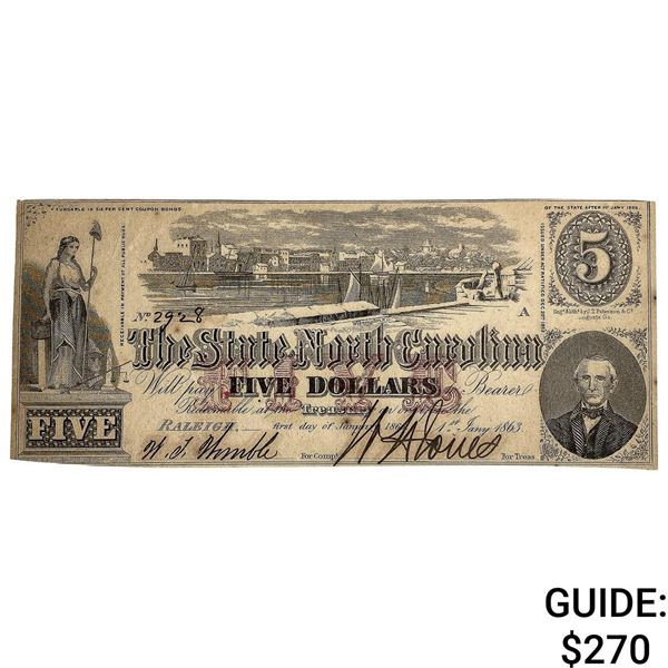1863 $5 State of North Carolina Note-Raleigh