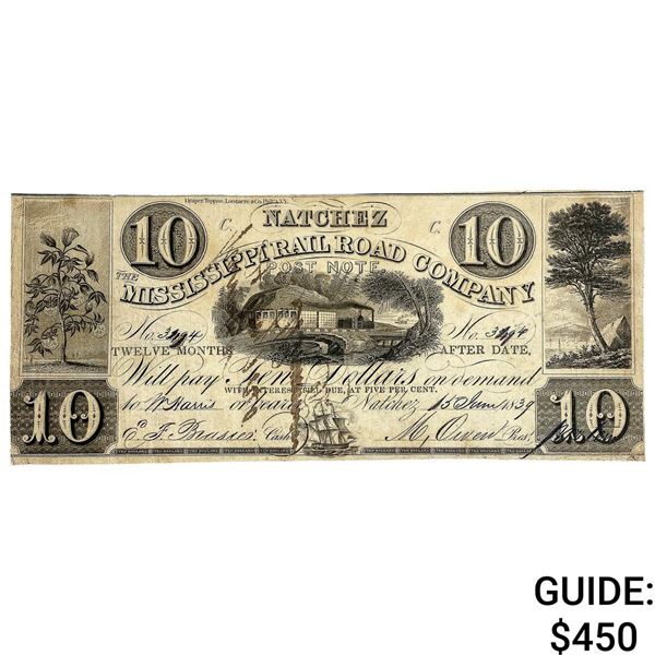 1839 $10 Natchez MS Railroad Company Post Note