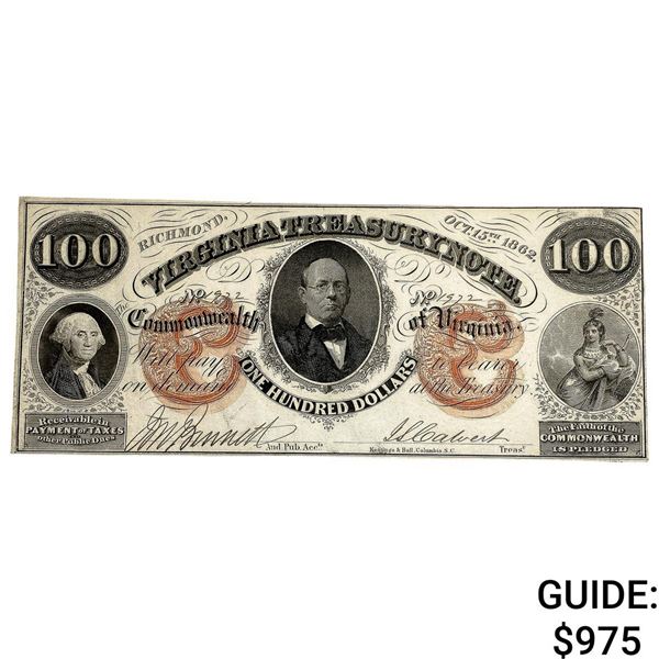 1862 $100 Richmond Virginia Treasury Note