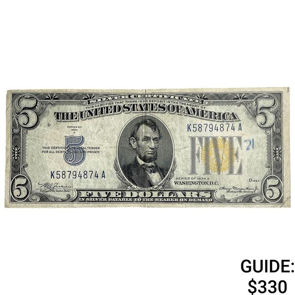 1934A $5 United States SIlver Certificate Gold Seal