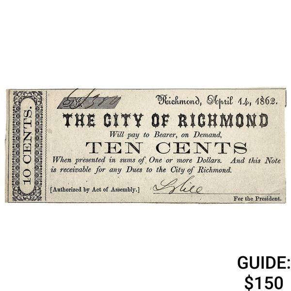 1862 10C City of Richmond Fractional Note
