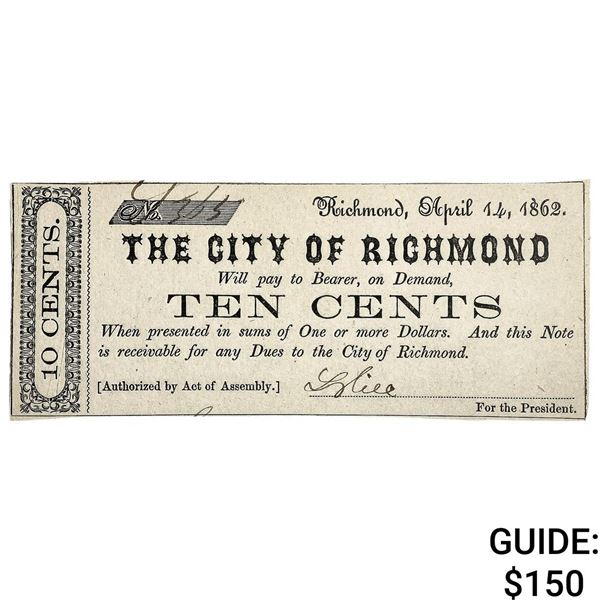 1862 10C City of Richmond Fractional Note