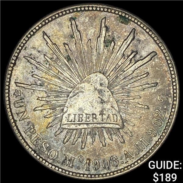 1908Mo AM Mexico Silver Peso CHOICE AU