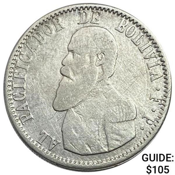 1865 Bolivia Silver Melgarejo NEARLY UNCIRCULATED