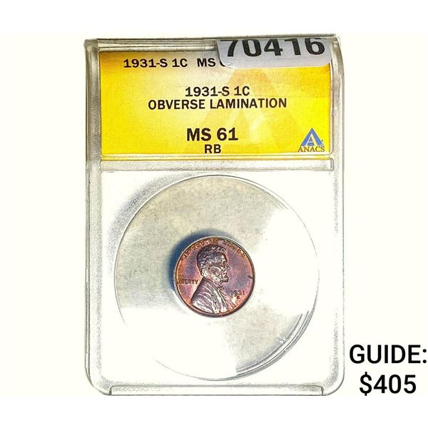 1931-S Wheat Cent ANACS MS61 RB