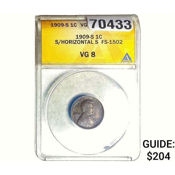 1909-S/Horz. S Wheat Cent ANACS VG8