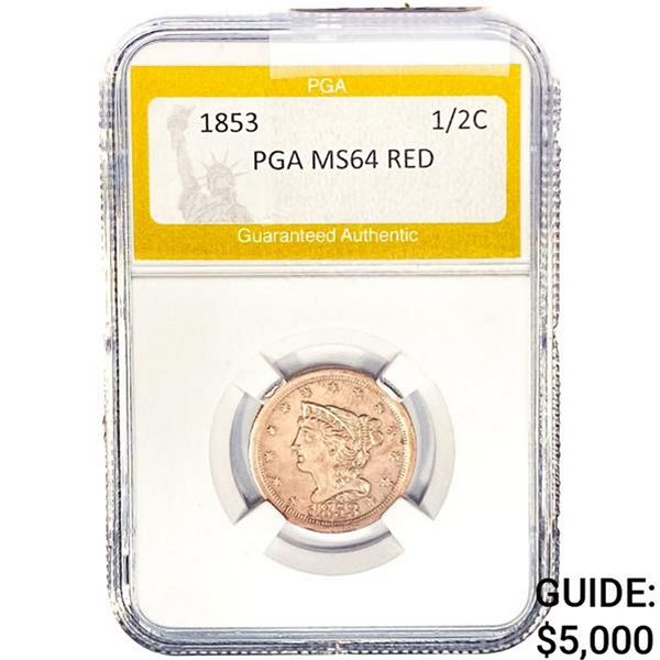 1853 Braided Hair Half Cent PGA MS64 RED