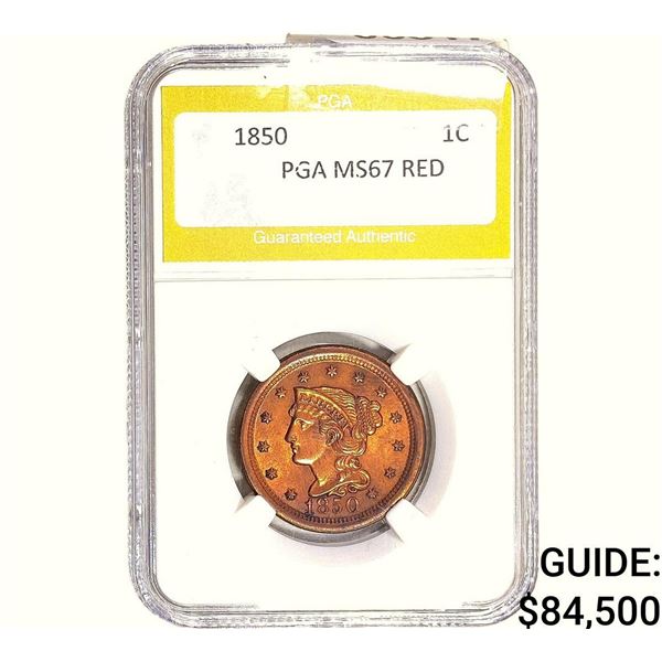 1850 Braided Hair Large Cent PGA MS67 Red