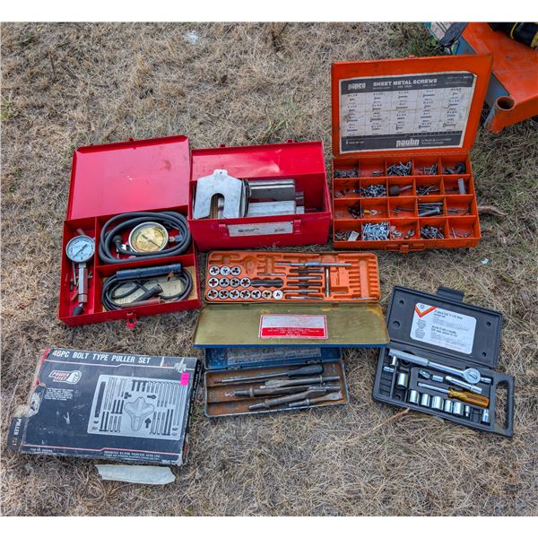 LOT OF ASSORTED TOOLS INCL: TAP & DIE SET,