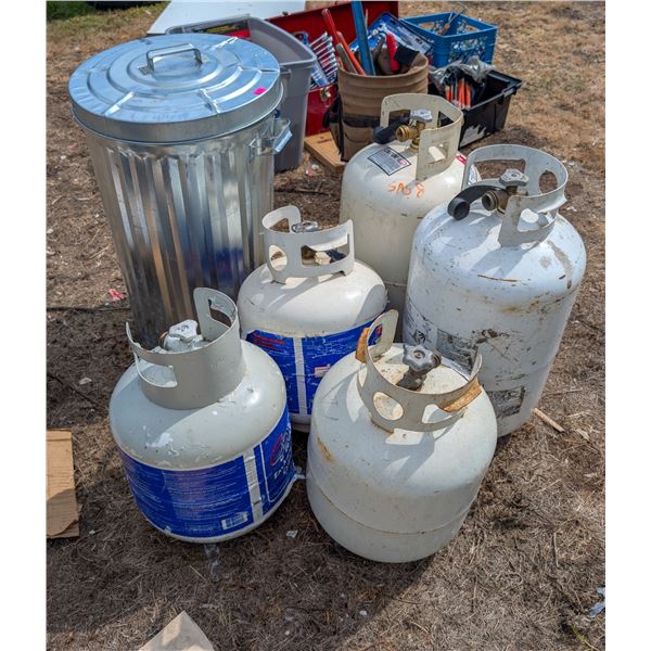 LOT OF 5 ASSORTED PROPANE TANKS W/ TRASH CAN
