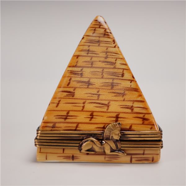 Marquise de Pompadour Limoges Egyptian Pyramid Box with Sphinx-Form Clasp