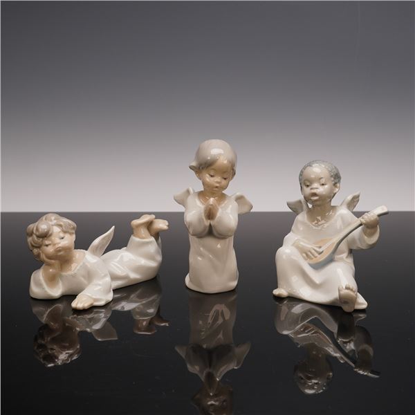 3pc Lladro Figurine Set, Praying Angel, Reclining Angel, Angel Playing Lute