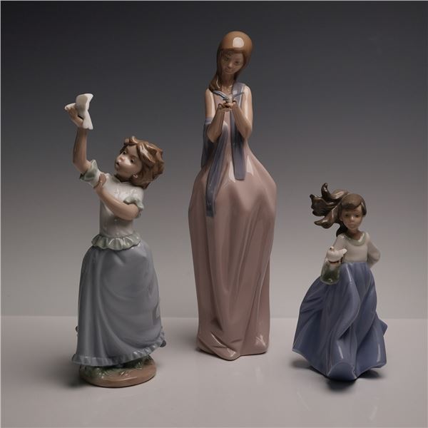 3pc Trio of Nao by Lladro Porcelain Figurines, Girls with Birds