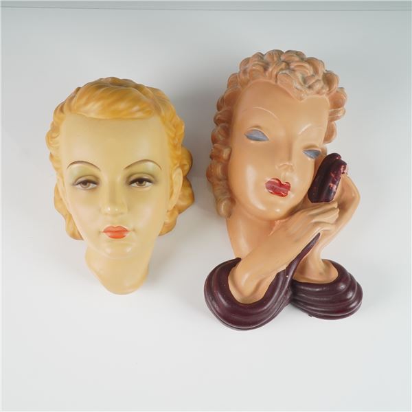 Pair of Vintage Chalkware Lady Head Wall Plaques