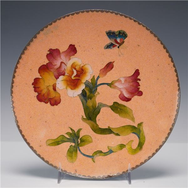 Chinese Enameled Copper Plate with Floral and Butterfly Motif