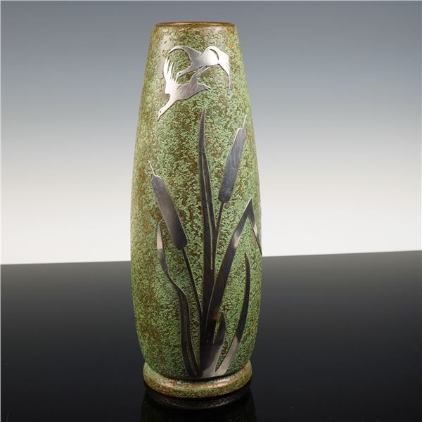 Silver Crest Decorated Bronze Vase w/ Sterling Silver Overlay