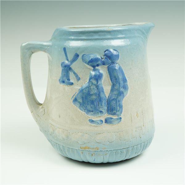 Blue & Grey Salt-Glazed Stoneware Pitcher w/ Dutch Kissing Couple