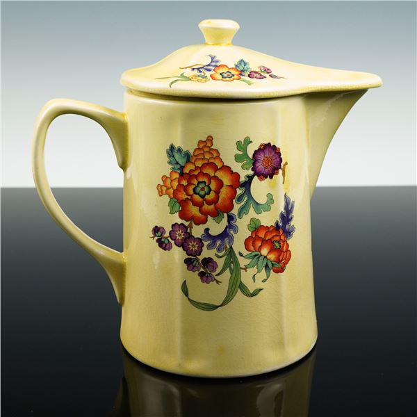 Vintage Yellow Glazed Ceramic Coffee Pot with Polychrome Floral Motif