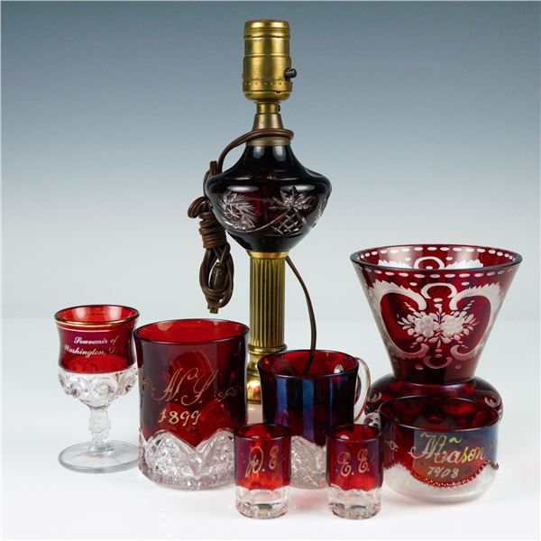 Ruby-Stained Souvenir and Cut Glass Items Including Lamp