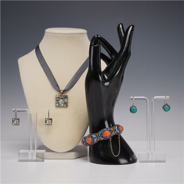 6pc Vintage Chinese Silver Filigree Enamel Bracelet Plus Choker & Earrings