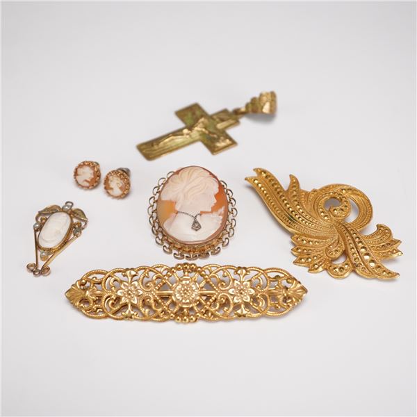 7pc Vintage Cameo and Costume Jewelry Including Miriam Haskell Brooches